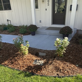 New shrubs and mulch installed around the front entry walkway of an Edina home