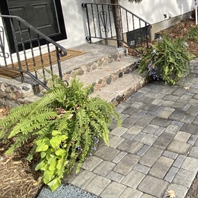 Belgard paver walkway and landscaped front entry at a Buffalo home